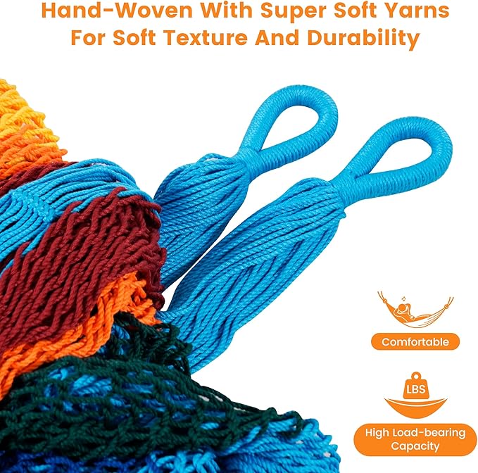 Lazy Daze Hammocks Handwoven Mayan Hammock, 10.5 FT Soft Rope Double Hammocks, Portable Outdoor Hammock with Carry Bag, 2 Straps & carabiners for Patio Outside, 550 lbs Weight Capacity, Rainbow