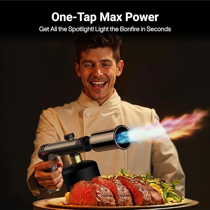Propane Torch with One-Touch Max Fire, Cooking Blow Torch Gun with a Safety Lock, Charcoal Lighter, Flame Thrower, Kitchen Food Torch Head for Grill, Sous Vide, BBQ (Tank Not Included)