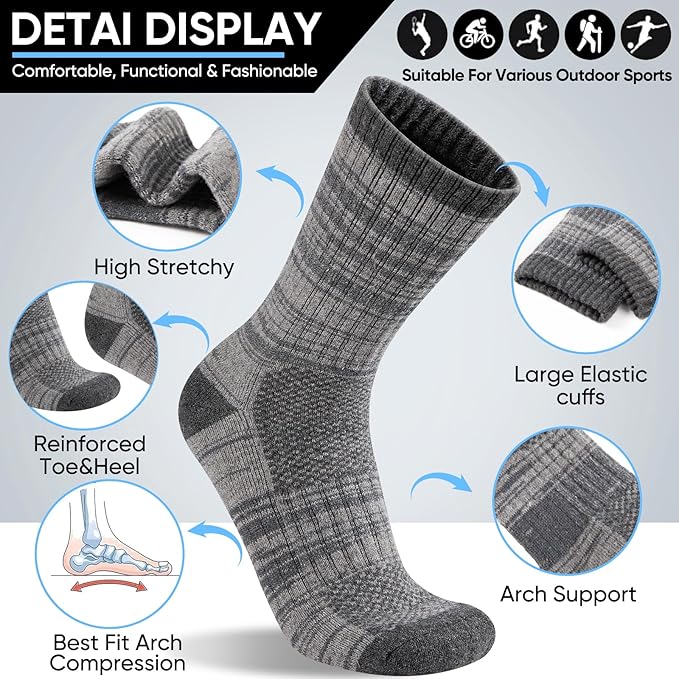 Merino Wool Hiking Socks for Men Moisture Wicking Cushion Thermal Warm Winter Crew Outdoor Boot Socks(5 Pairs)