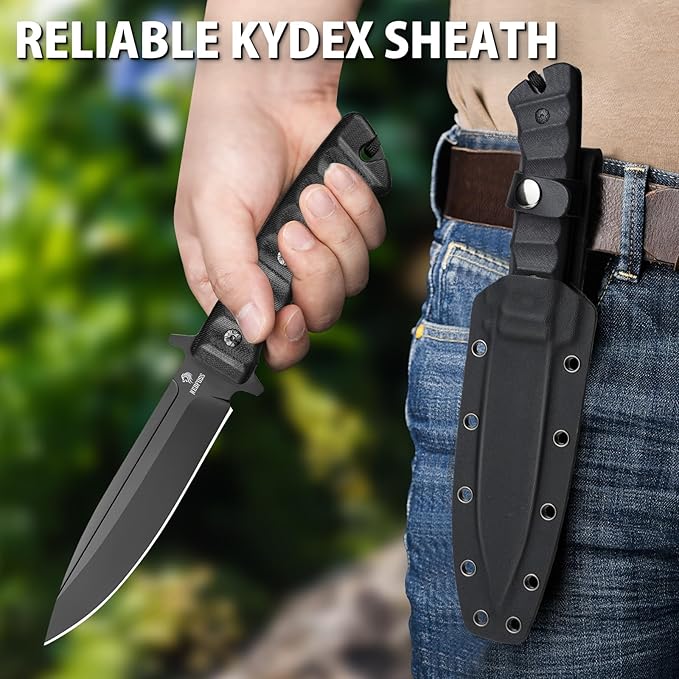 NedFoss BLACK PHOENIX Hunting Knife with Kydex Sheath, 5.5" 8Cr14Mov Survival Fixed Blade Knife with Full Tang G10 Handle, Bushcraft Camping and Tacitical Gifts for Men