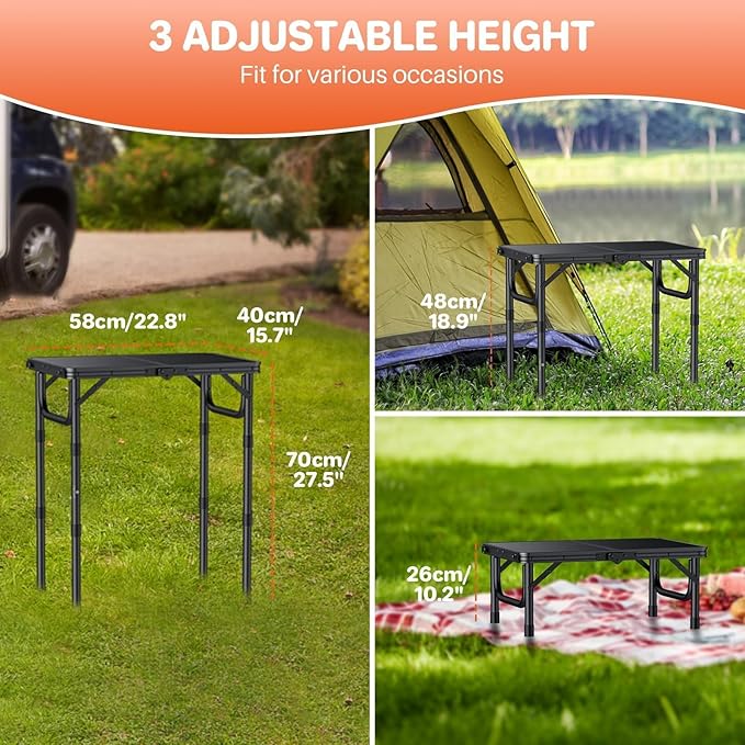 FUNYKICH 2ft Small Folding Camping Table(22.8'' Lx15.7'' W), 3 Height Adjustable Portable Picnic Table, Lightweight Aluminum Outdoor Table with Carry Handle for Camping, Beach, Picnic, Party, Black