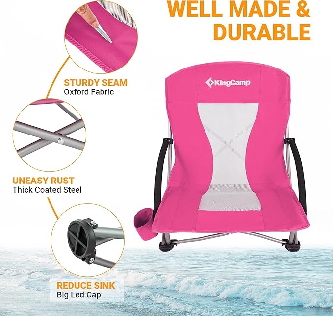 KingCamp Low Beach Chairs, Portable Folding Chair for Adults Extra Wide Ergonomic High Back Seat 300lbs Heavy Duty Lightweight Oversized Gear with Carry Bag for Outdoor Lawn Camping Picnic
