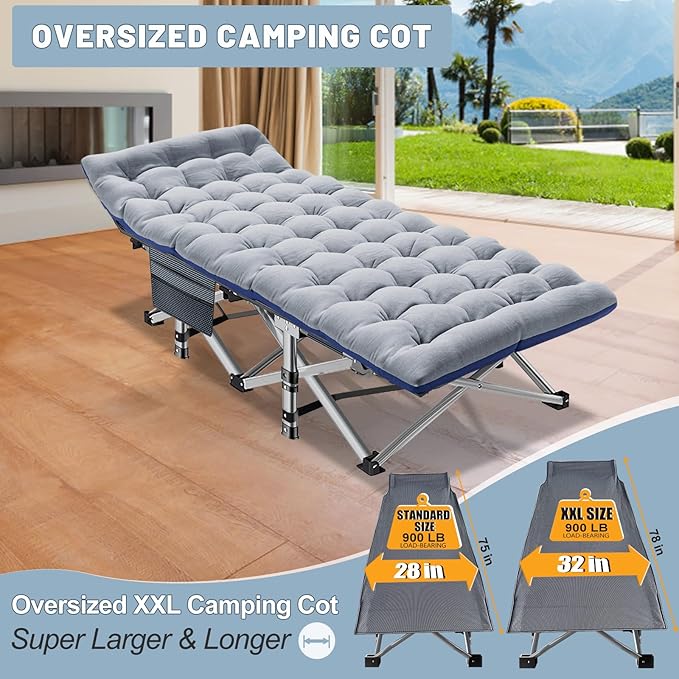 Slsy Oversized XXL Folding Camping Cot for Adults with Pad, Padded Portable Sleeping Cots, Camp Bed with Carry Bag for Outdoor Travel, Beach, Hiking