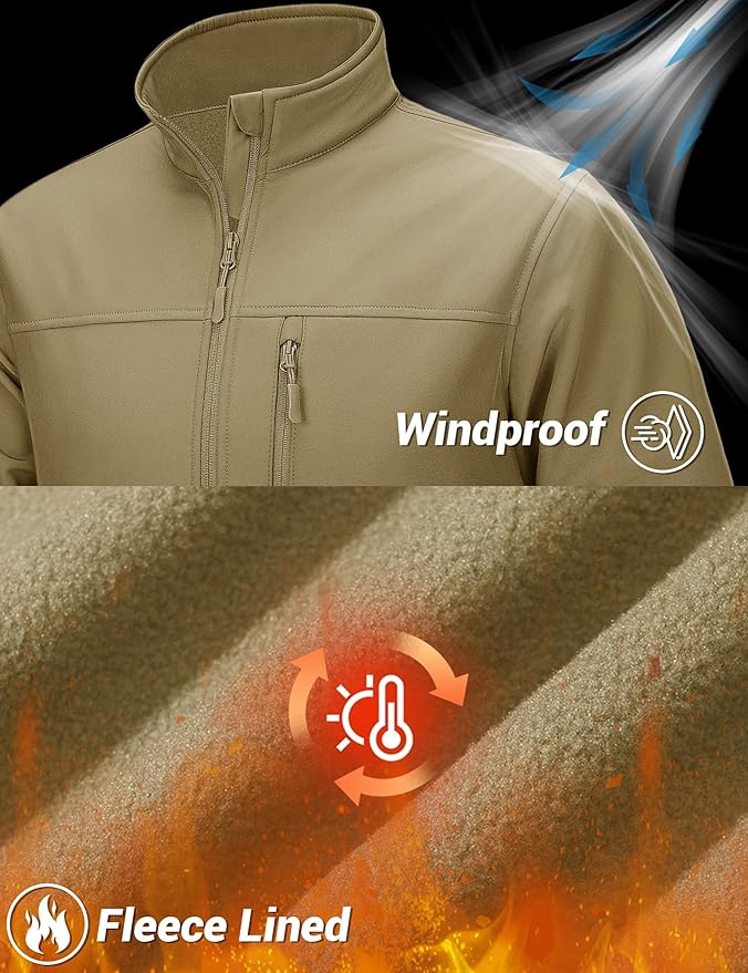 TACVASEN Men's Lightweight Softshell Jacket Fleece Lined Waterproof Tactical Rain Zip Up Winter Coat Windbreaker Casual