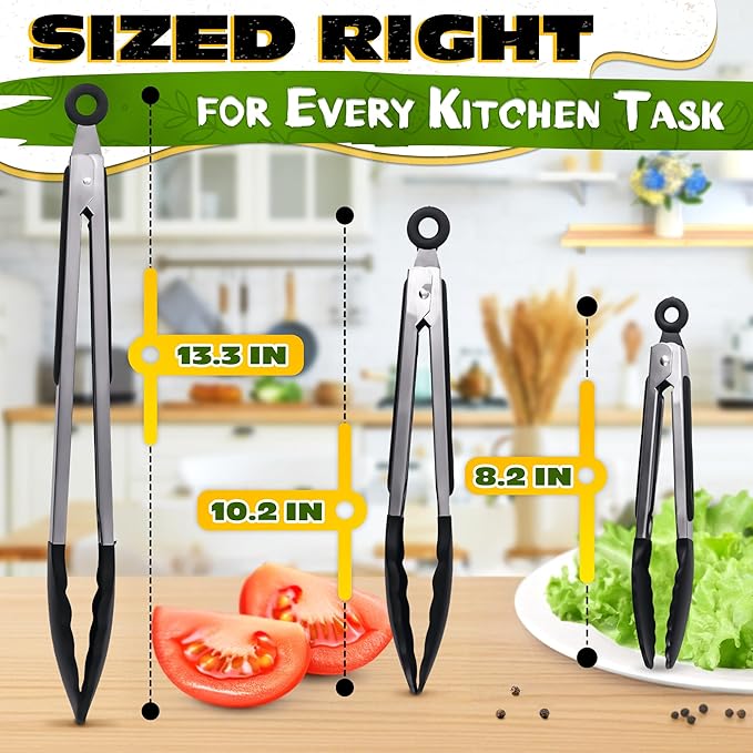 3Pcs Kitchen Tongs with Silicone Tips - Tong Set 7/9/12" | Silicone Tongs for Cooking Heat Resistant up to 480°F, Non Stick, Built-In Lock Ring - Stainless Steel Kitchen Utensils for Cooking & Serving