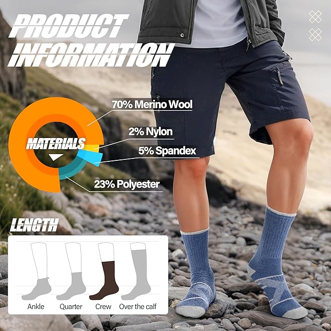 ANTSANG 5 Pairs Merino Wool Hiking Socks for Men & Women Thermal Winter Warm Moisture Wicking Cushion Boot Socks
