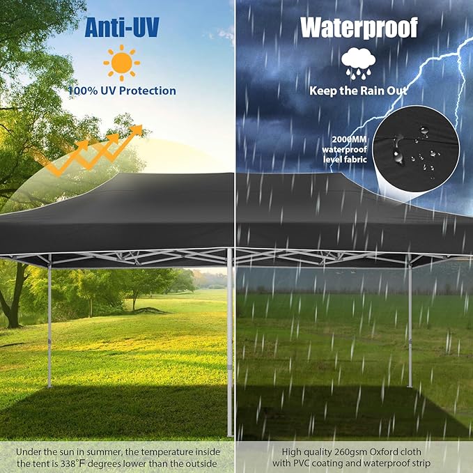HOTEEL 10x20 Pop up Canopy Tent for Parties, Heavy Duty Easy Setup Tent Without Sidewalls, Outdoor Commercial Instant Gazebo for Wedding Event, with Roller Bag & Sand Bags, Black(Hexagonal Frame)