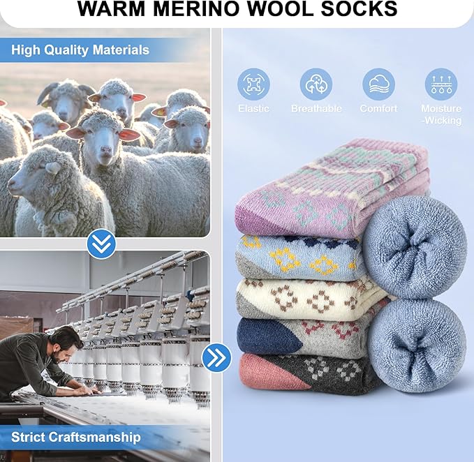 SIMIYA 5 Pairs Merino Wool Socks for Women Winter Thick Warm Hiking Socks Women Thermal Crew Cushion Socks
