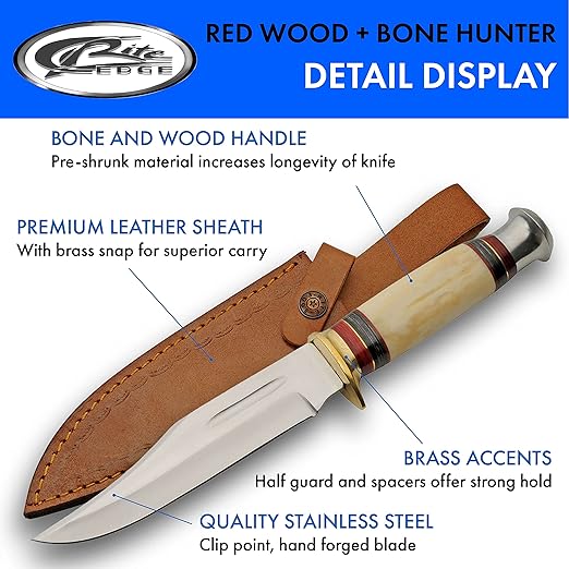 SZCO Full Tang Hunting Knife 11.5 Inch - Pocket Knife with Stainless Steel Blade, Bone Handle & Leather Sheath - Camping Knife for hunting - Skinning knife for Men