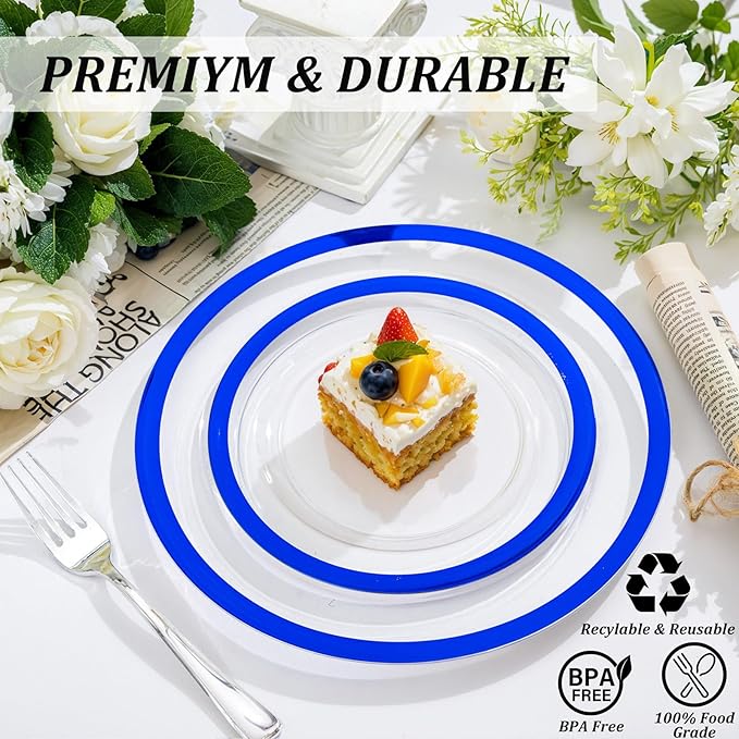 U-QE 200pcs Royal Blue Plastic Plates - Clear Disposable Plates Heavy Duty - Includes 100 10" Dinner & 100 7" Dessert Plates for Party, Birthday