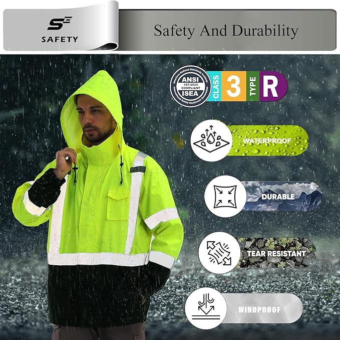 High Vis Rain Jacket, Rain Suits for Men Waterproof with Black Bottom, Class 3 Rain Coats for Men Interior Mesh, High Visibility Rain Gear, Removable Hood Orange (4XL/5XL)