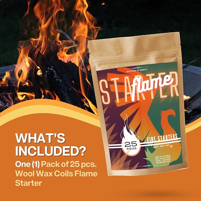 Natural Fire Starters for Fireplace, Wood Stove, Campfire & BBQ – Wood Wool & Wax Coils – Non-Toxic, Eco-Friendly Flame Starters by Mayhem & Mercy (24 Count)