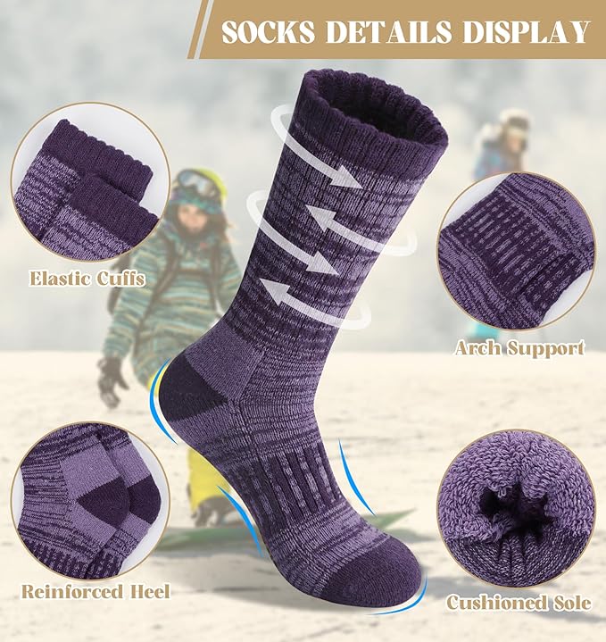 Justay 4 Pairs Merino Wool Socks for Women, Hiking Thermal Warm Winter Cozy Thick Boot Socks for Women Gifts
