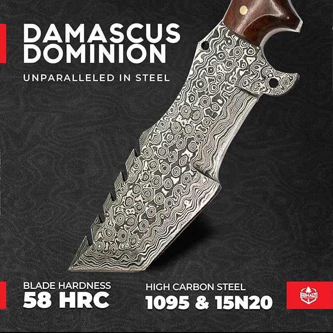 10.5” Damascus knife-Fixed Blade Hunting Knife with Sheath-Bushcraft knife-Survival Knife-Camping knife- Ideal For EDC, skinning, Camping, Outdoor-Best Hunting Knives For Men.Red wood, Camel Bone & Pakka Blue Handle