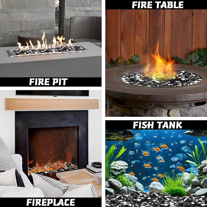 Fire Glass 20lbs, 1/2 Inch Black Reflective Firepit Glass for Propane Fire Pit Table, Fireplace Rocks, High Luster and Heat Resisitant