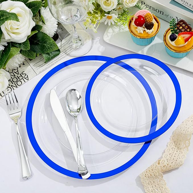 U-QE 200pcs Royal Blue Plastic Plates - Clear Disposable Plates Heavy Duty - Includes 100 10" Dinner & 100 7" Dessert Plates for Party, Birthday
