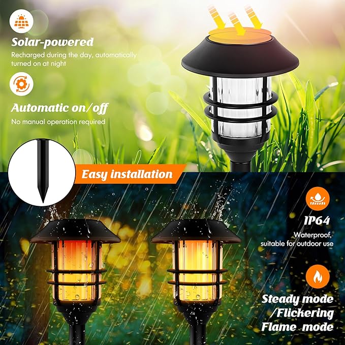 ZOOHAR Solar Outdoor Lights,Extra-Tall Solar Torches with Flickering Flame 4-Pack Waterproof Garden Lights,Stainless Steel Pathway Lighting Garden Decor, Yard Decorations Outdoor Auto On/Off