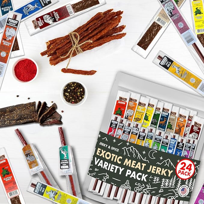 Buffalo Bob's Wild Game Meat Snacks Gift Box (24 pack) | Ultimate Exotic Snack Box | Multiple Wild Game Beef Sticks | Jerky Variety Pack for Anniversary, Camping, Hunting & Birthday Gifts for Men