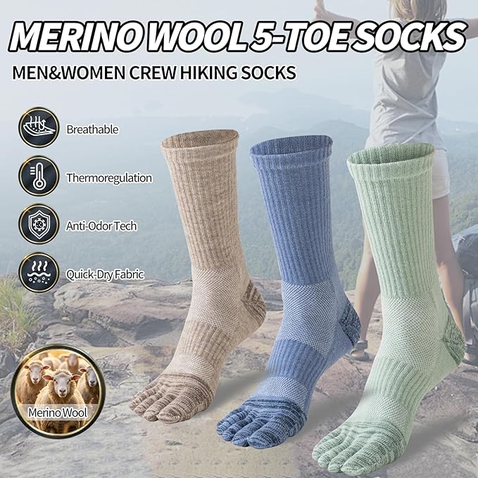 Merino Wool Toe Socks For Hiking Men&Women Thermal Winter Warm Boot Work Cushion Five Finger Socks 3 Pairs