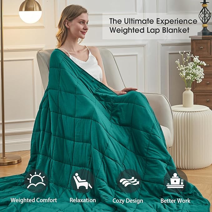 Green Weighted Blanket for Adults (12lbs, 60"x80" Queen Size) - Cooling and Breathable Heavy Blanket for 110-130lbs with Premium Glass Beads - Soft Thick Blanket for All-Season Sleeping Comfort