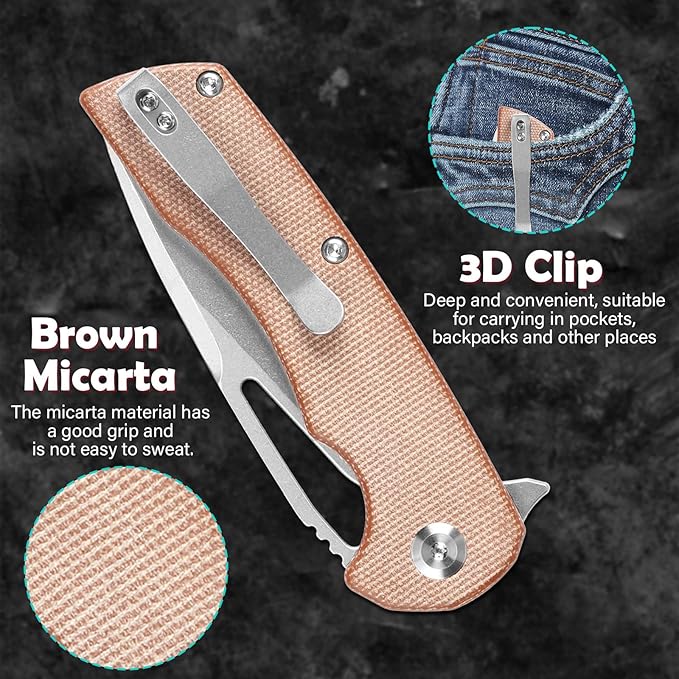 KANSEPT Kryo Pocket Knife 8.08in Folding Knives with 3.58in12C28N Steel Drop Point Blade and Brown Micarta Handle for Outdoor, Tactical, Survival and EDC T1001M4