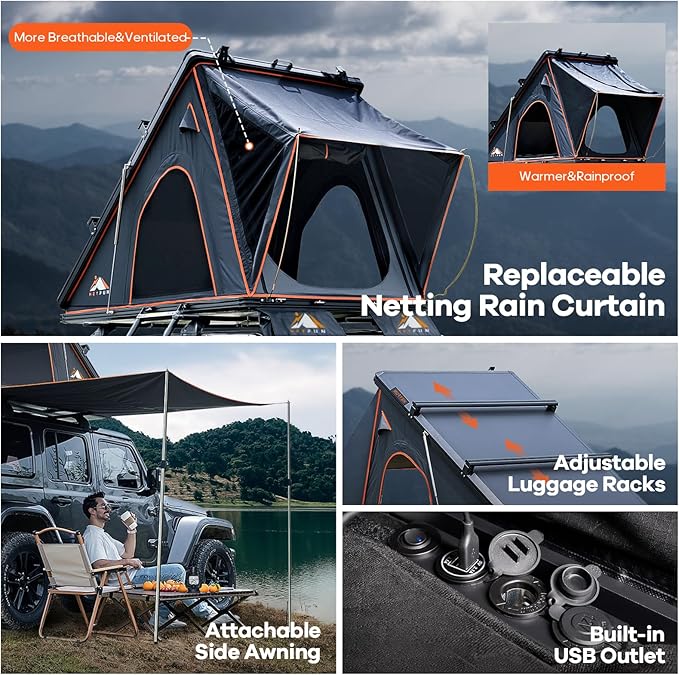 Explorer Pro Rooftop Tent Hard Shell with USB Outlet, Side Awning, Replaceable Netting Curtain&Luggage Racks for 4 Season Camping, Aluminum Pop Up 2-3 Person Roof Top Tent for Truck Jeep SUV Van
