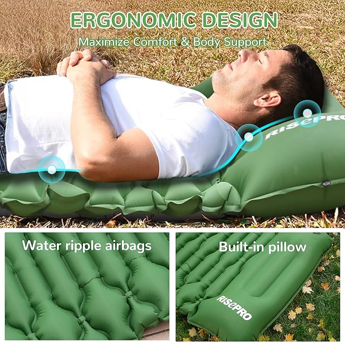 Camping Sleeping Pad Air Mattress - Inflatable Ultralight Ergonomic Design Compact Airpad Backpacking Hiking Outdoor Activities Green