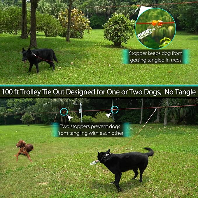 Patented Heavy Duty Dog Tie Out - X-Large Dogs Up to 250lbs - 100ft Cable & 10ft Run with 3 Stoppers for Yard & Camping