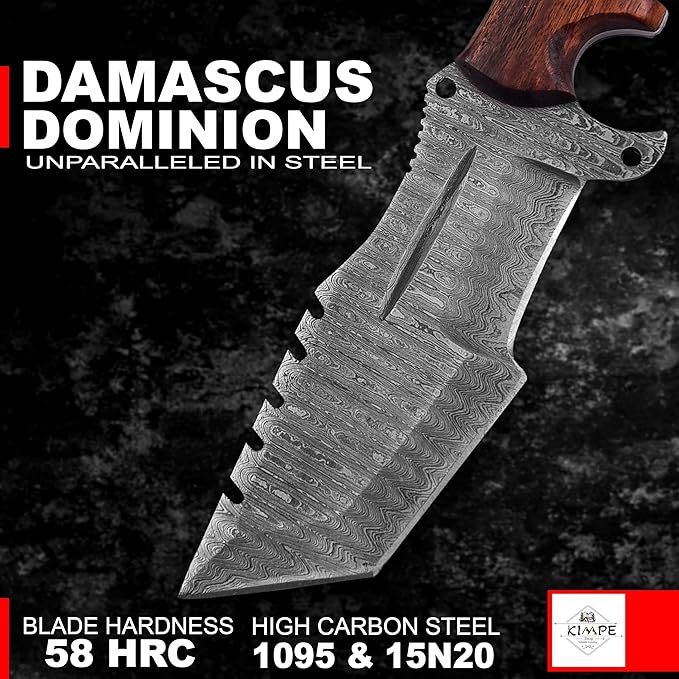 KIMPE 10.5’’ Damascus Hunting Knife with Leather Sheath-Fixed Blade EDC Knife-Bushcraft Knives-Wood Handle-Best Camping & Survival tool-Knives for Men. (Rose Wood)