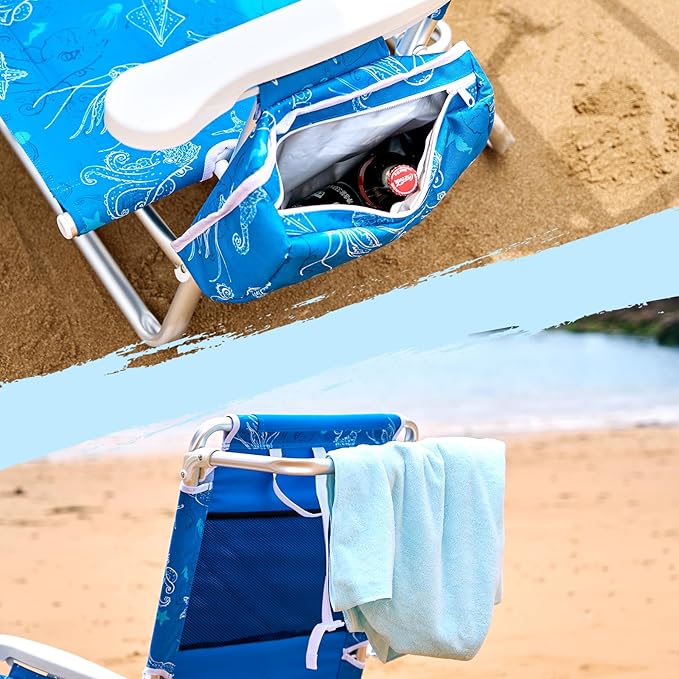 Reclining Beach Chair Backpack 5-Position Lay Flat Lounge Chair for Adults Heavy Duty Portable Folding Lightweight with Cooler Bag Camping Chair for Sand Outdoor
