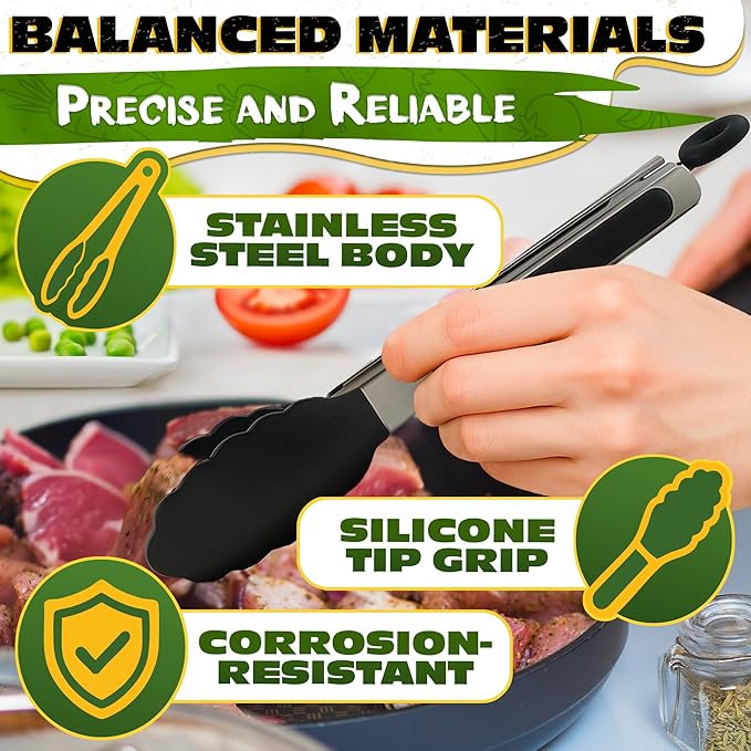 3Pcs Kitchen Tongs with Silicone Tips - Tong Set 7/9/12" | Silicone Tongs for Cooking Heat Resistant up to 480°F, Non Stick, Built-In Lock Ring - Stainless Steel Kitchen Utensils for Cooking & Serving