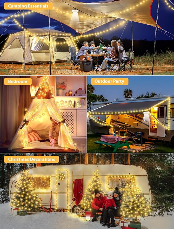 Camping String Lights, 4 in 1 Quick Storage 32.8FT Rechargeable Tent Lights with 6 Modes Hanging Waterproof Camp Lamp Camping Essentials for AwnTent Hiking Yard Garden Bedroom Festival -Warm White