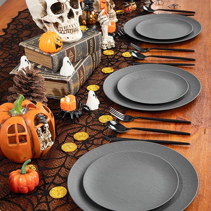WONDERFUL 32pcs Dark Grey Plastic Plates Reusable Plates Halloween Plates Unbreakable and Dishwasher safe Dishes Set Outdoor Plate Includes:16 Dinner 10" & 16 Dessert Plate 7.3" Suitable for Camping