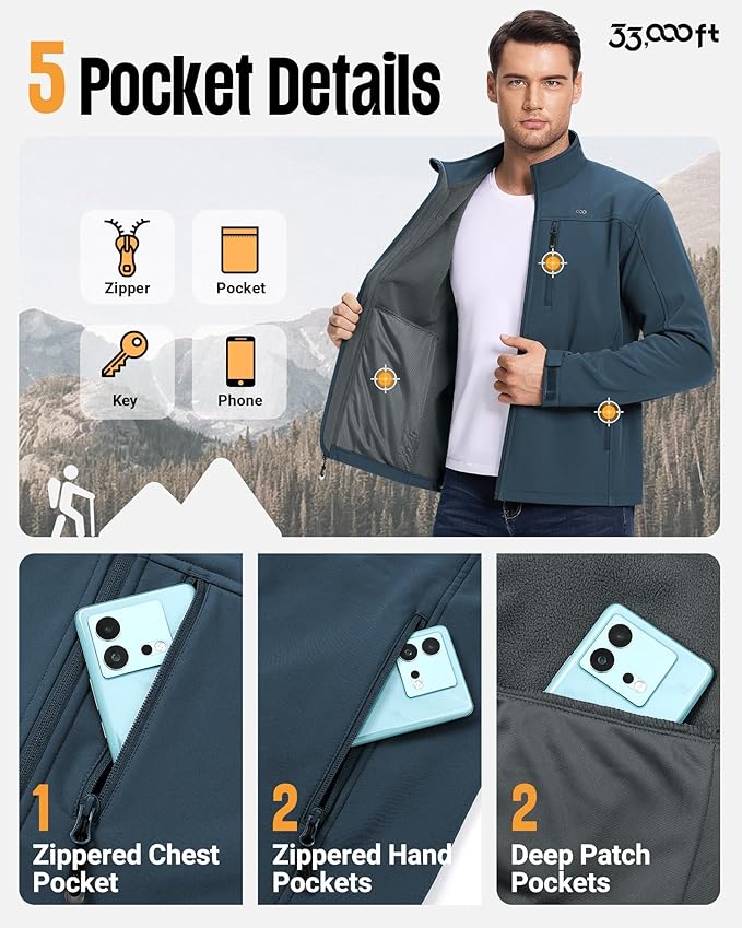 33,000ft Men's Waterproof Softshell Jacket Warm Fleece Lined Windbreaker Lightweight Soft Shell for Travel Hiking Golf