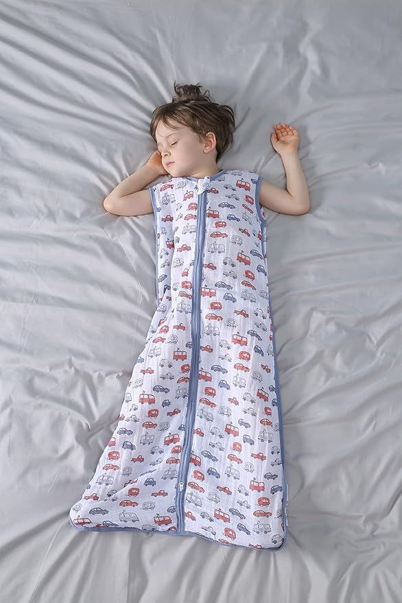 Baby Sleep Sack 12-24 M Baby Wearable Blanket 100% Organic Cotton 0.5 TOG Toddler Sleep Sack 2-Way Zipper Soft Large 4 Layers 1-2 T Car