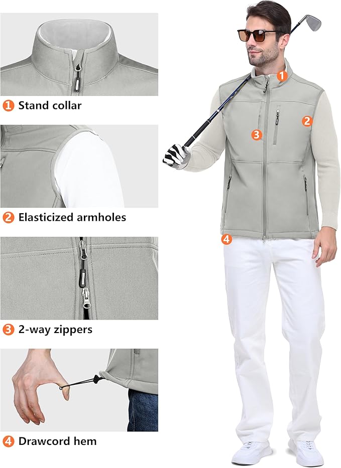 Outdoor Ventures Men's Running Vest Outerwear, Lightweight Windproof Fleece-Lined Softshell Sleeveless Jacket for Golf
