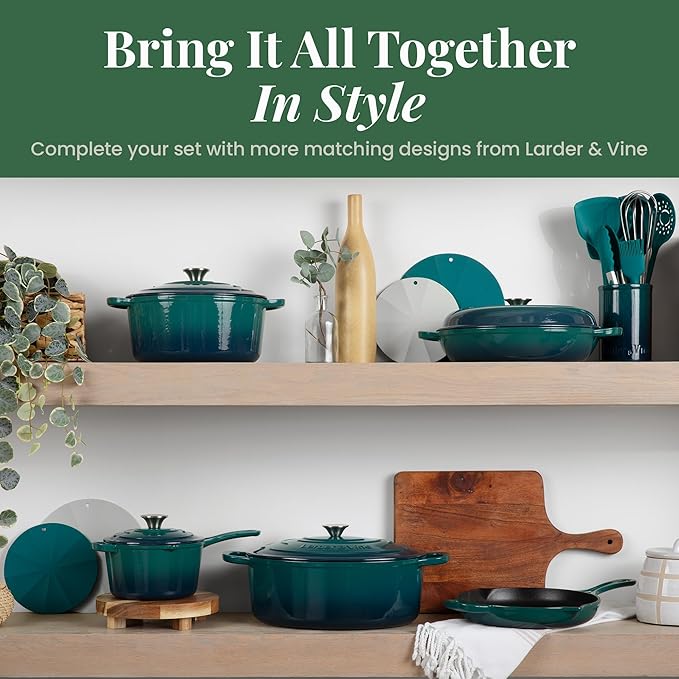 Larder & Vine Enameled Cast Iron Skillet | 10.25 inch Cast Iron Pan | Saute Pan with Pour Spouts | Enamel Coated Cast Iron Skillet | Compatible on All Cooktops & Oven Safe to 500° F | Bondi