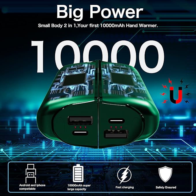 Hand Warmers Rechargeable 2 Pack,10000mAh Split-Magnetic Electric AI Handwarmer Power Bank,3 Levels, Camping,Hunting in Winter