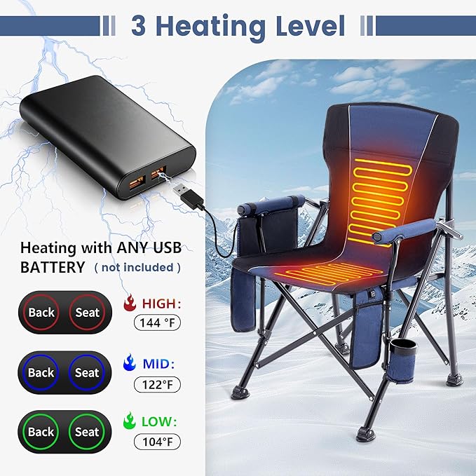 Lamberia Camping Chairs, Portable Heated Folding Chairs for Outdoor Sports, Heavy Duty Lawn Chairs for Adults Support 400lbs, Heated Camp Chair with Cup Holder,Navy Blue(2 Battery Pack Required)