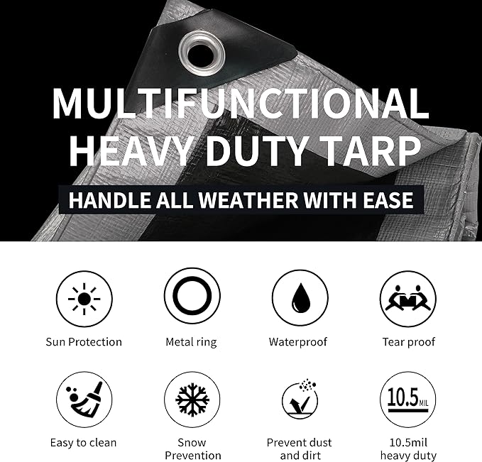 TARPAL 12x16 Feet Tarps Silver 10.5Mil Multipurpose Protective Cover Heavy Duty Tarp Waterproof,Snow or UV Protection,Durable Reinforced Edges