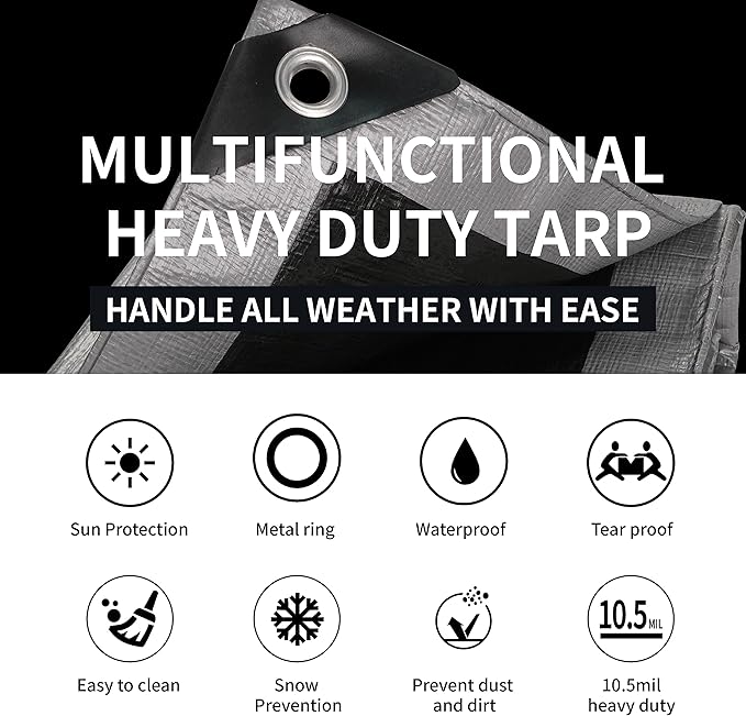 TARPAL Small Tarps 4x6 Feet(2-Pack) Heavy Duty Tarp 10.5Mil Multipurpose Protective Cover Waterproof,Snow or UV Protection,Durable Reinforced Edges,Silver/Black