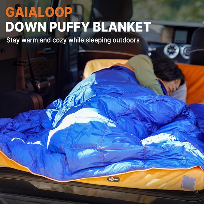 Down Puffy Blanket for Car Camping Outdoor Travel Backpacking, Duck Down Lightweight Portable Soft Warm Cozy Camping Blanket Quilt, Lake Blue