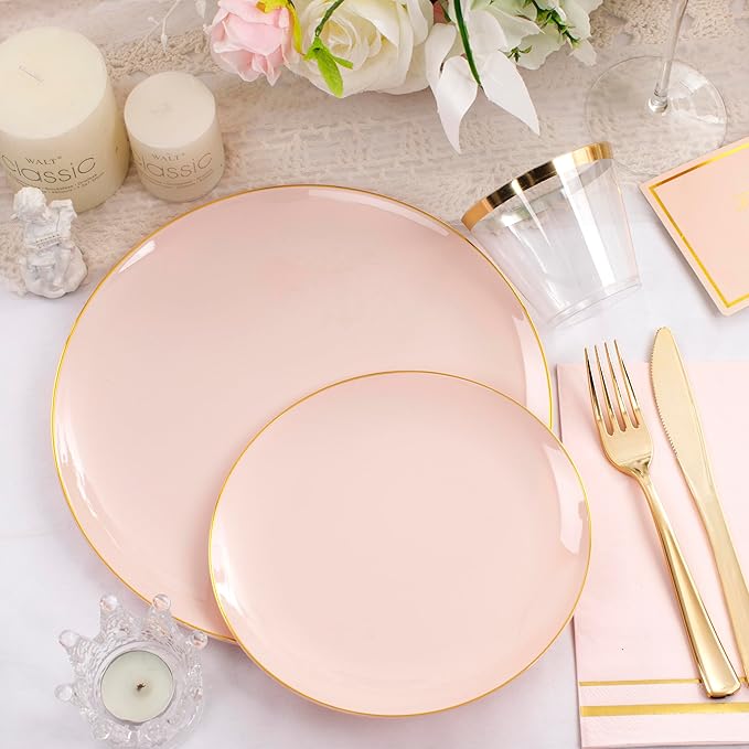 NOCCUR 350PCS Pink and Gold Plastic Plates - Pink Disposable Plastic Dinnerware Set for 50 Guests Include 50 Dinner Plates,50 Dessert Plates,150 Gold Cutlery,50 Cups&50 Napkins for Party&Wedding