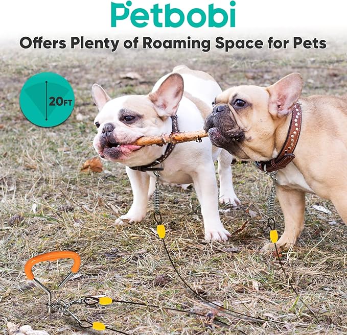 Petbobi Dog Tie-Out Cable and Stake - 20ft Heavy Duty Cable with Spring, No Tangle, 16in Ground Stake, Ideal for Yard, Camping and Beach, Suitable for Small Medium Large Dogs Up to 120 lbs, Black