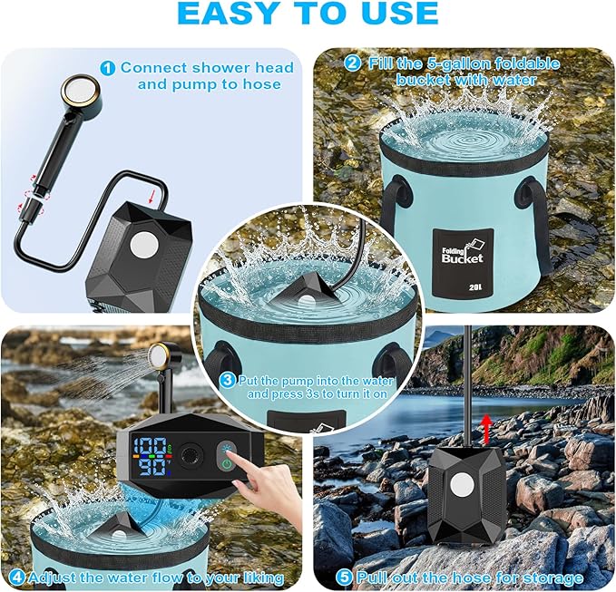 Portable Shower for Camping with 20L Foldable Bucket, 5 Pressure Levels Rechargeable Camping Shower Pump with Camping Light & Intelligent LED Display, 6000mAh Outdoor Shower for Hiking, Travel, Car