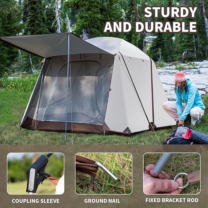 Camping Tents, 3-4 People Waterproof Cabin Tents, Double Layer Family Camping Tent with 2 Doors 360 Degree Panoramic Screen Window, Beach Tent with Carry Bag for Outdoor Hiking