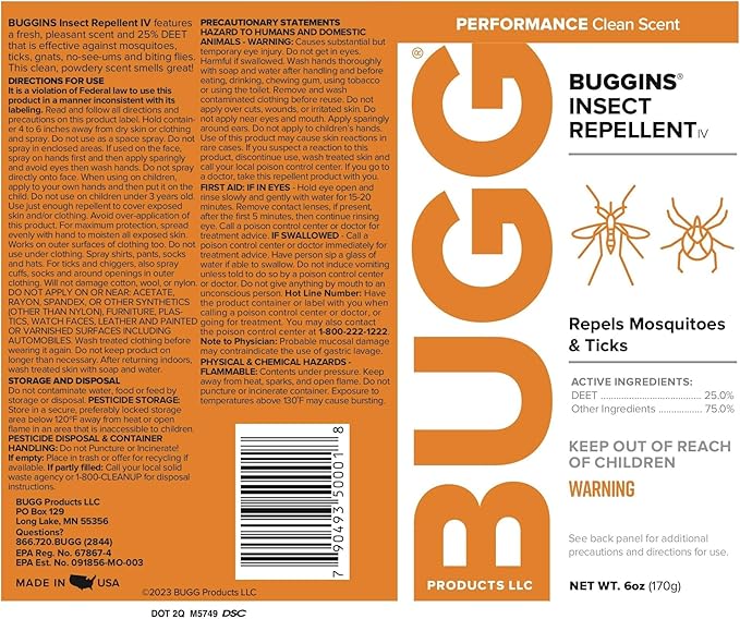BUGGINS IV Performance - Insect Repellent - Mosquitoes, Gnats, Ticks, and Biting Flies, 25% DEET, Powdery Scent - 6 oz Continuous Spray Can