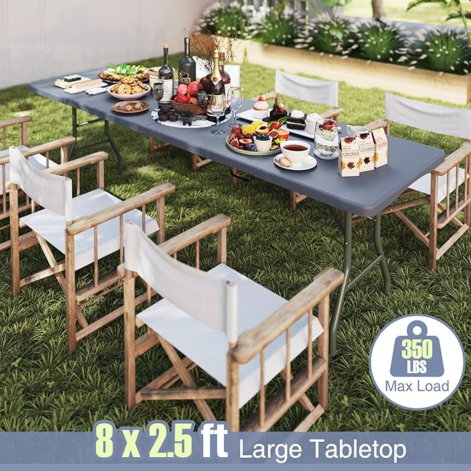 Goplus 8ft Plastic Folding Table, 350 LBS Outdoor Heavy Duty Folding Tables with HDPE Tabletop, Handle, Lock, Foldable Rectangle Portable Utility Card Table for Picnic, Party, Camping, Dining