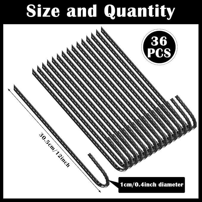 Sadnyy 36 Pcs 12 Inch Rebar Stakes Metal Chain Link Anchors for Ground Fence Garden Heavy Duty J Hook Black Steel Tent Post Stake with Chisel Point End Anchor Curved Plant Support for Trampoline
