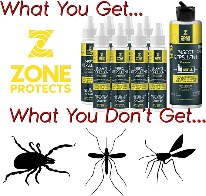 Picaridin Insect Repellent Spray Bundle; Unscented; Contains Eight 1oz Spray Bottles Plus an 8oz Refill; 12-hrs Protection Against Mosquitoes, Ticks and Chiggers